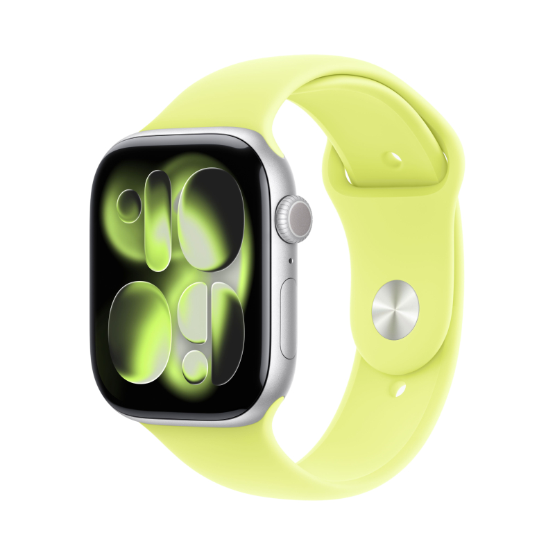 На фото изображено Apple Watch Series 11, 46 мм, корпус из алюминия цвета «Серебристый», спортивный ремешок, размер S/M