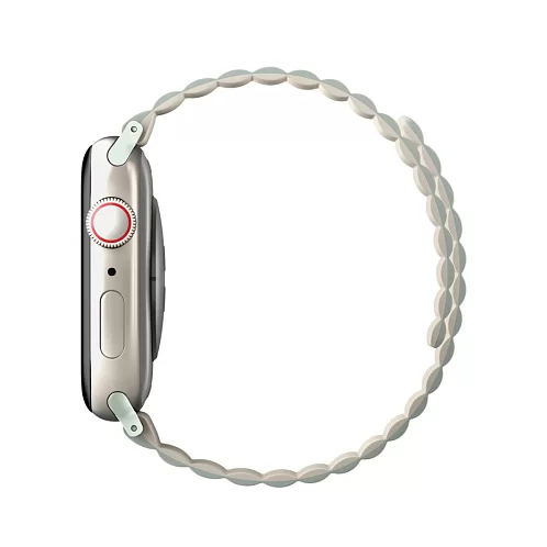 Фото Ремешок силиконовый двусторонний Uniq для Apple Watch (44,45,46,49 мм), шалфей-бежевый На фото изображено Ремешок силиконовый двусторонний Uniq для Apple Watch (44,45,46,49 мм), шалфей-бежевый