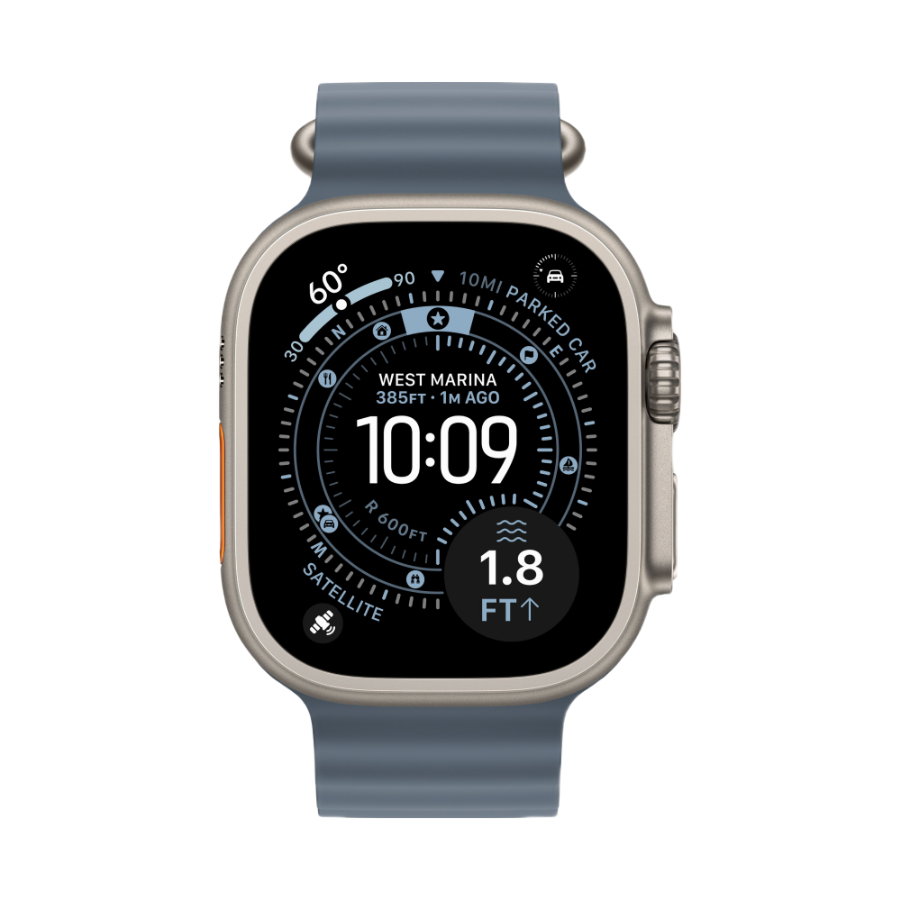 На фото изображено Apple Watch Ultra 3 GPS + Cellular, 49 мм, корпус из натурального титана, ремешок Ocean Band, цвет синий