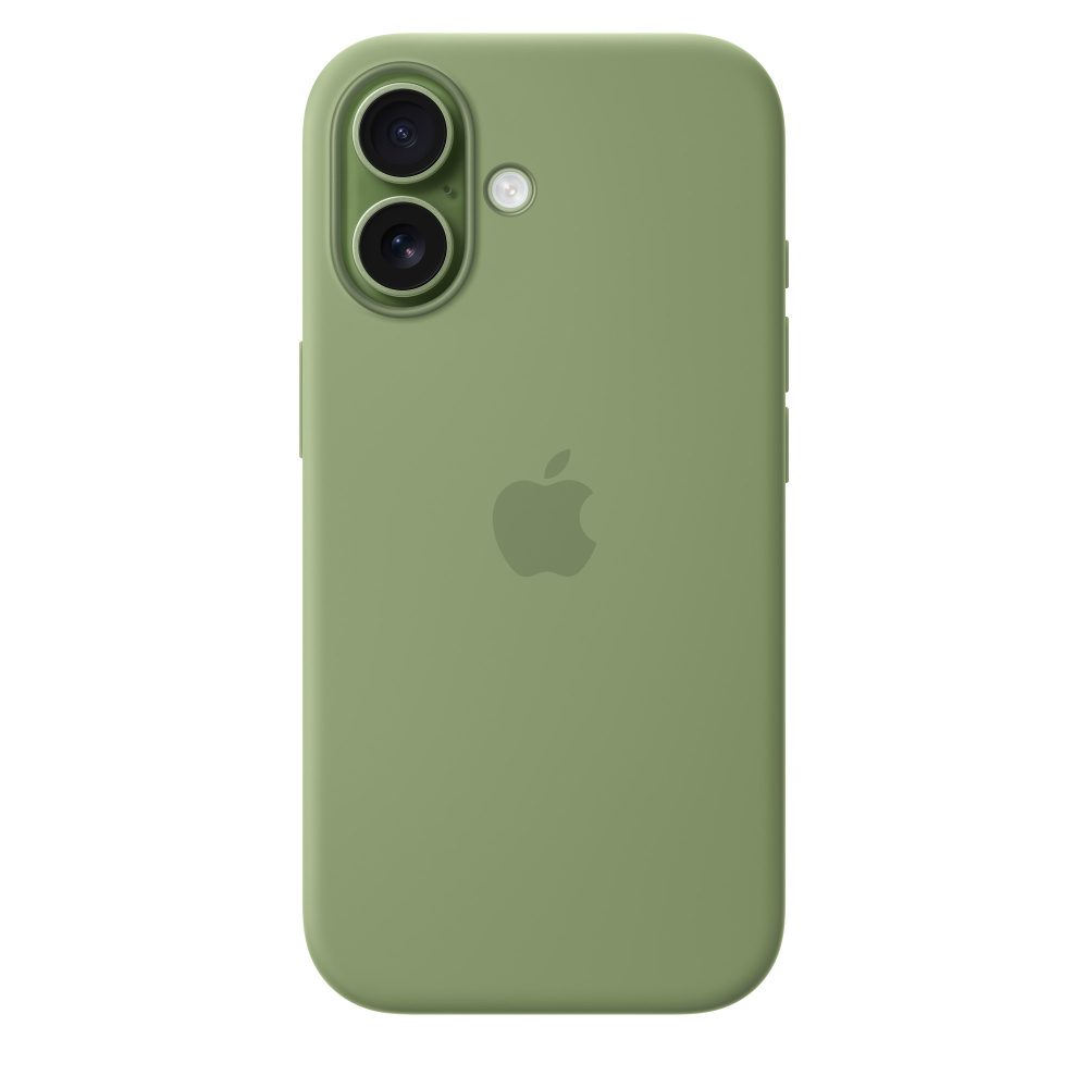 На фото изображено Чехол защитный Apple Silicone Case with MagSafe для iPhone 17, зелёный