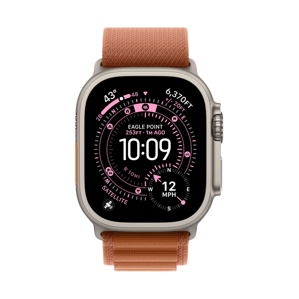 На фото изображено Apple Watch Ultra 3 GPS + Cellular, 49 мм, корпус из натурального титана, ремешок Alpine, цвет терракотовый, L