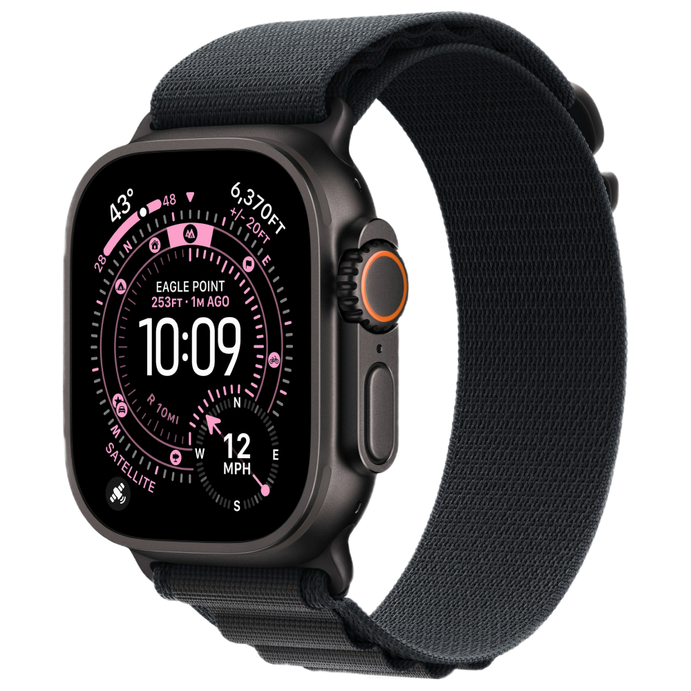 На фото изображено Apple Watch Ultra 3 GPS + Cellular, 49 мм, корпус из чёрного титана, ремешок Alpine, цвет чёрный, M
