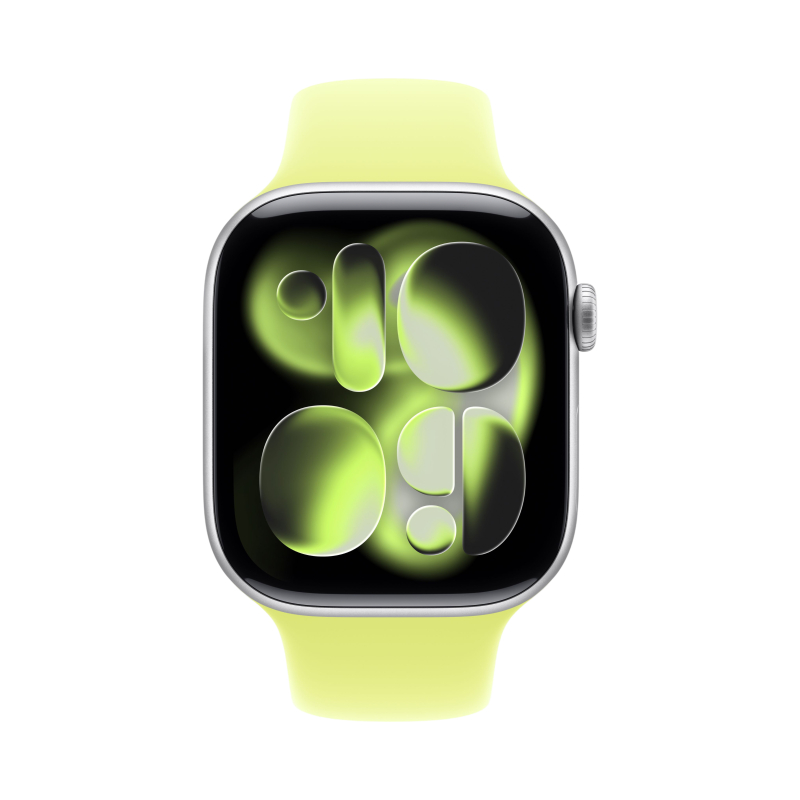 На фото изображено Apple Watch Series 11, 46 мм, корпус из алюминия цвета «Серебристый», спортивный ремешок, размер S/M
