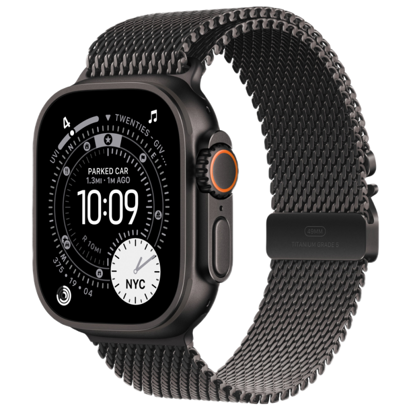 Фото Apple Watch Ultra 3 GPS + Cellular, 49 мм, корпус из черного титана, ремешок Milanese черного цвета, размер M На фото изображено Apple Watch Ultra 3 GPS + Cellular, 49 мм, корпус из черного титана, ремешок Milanese черного цвета, размер M