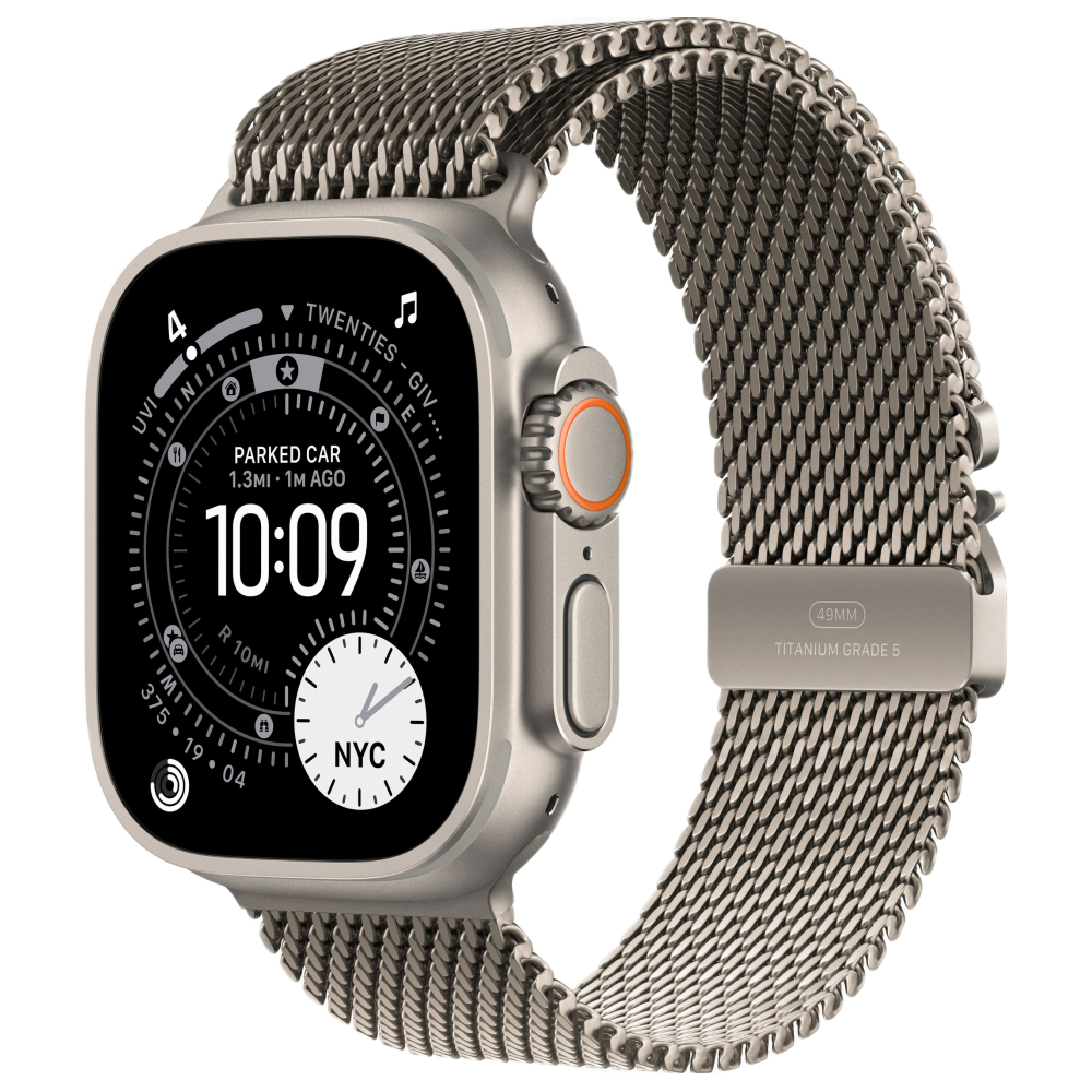 На фото изображено Apple Watch Ultra 3 GPS + Cellular, 49 мм, корпус из натурального титана, ремешок Milanese цвета «натуральный титан», размер S