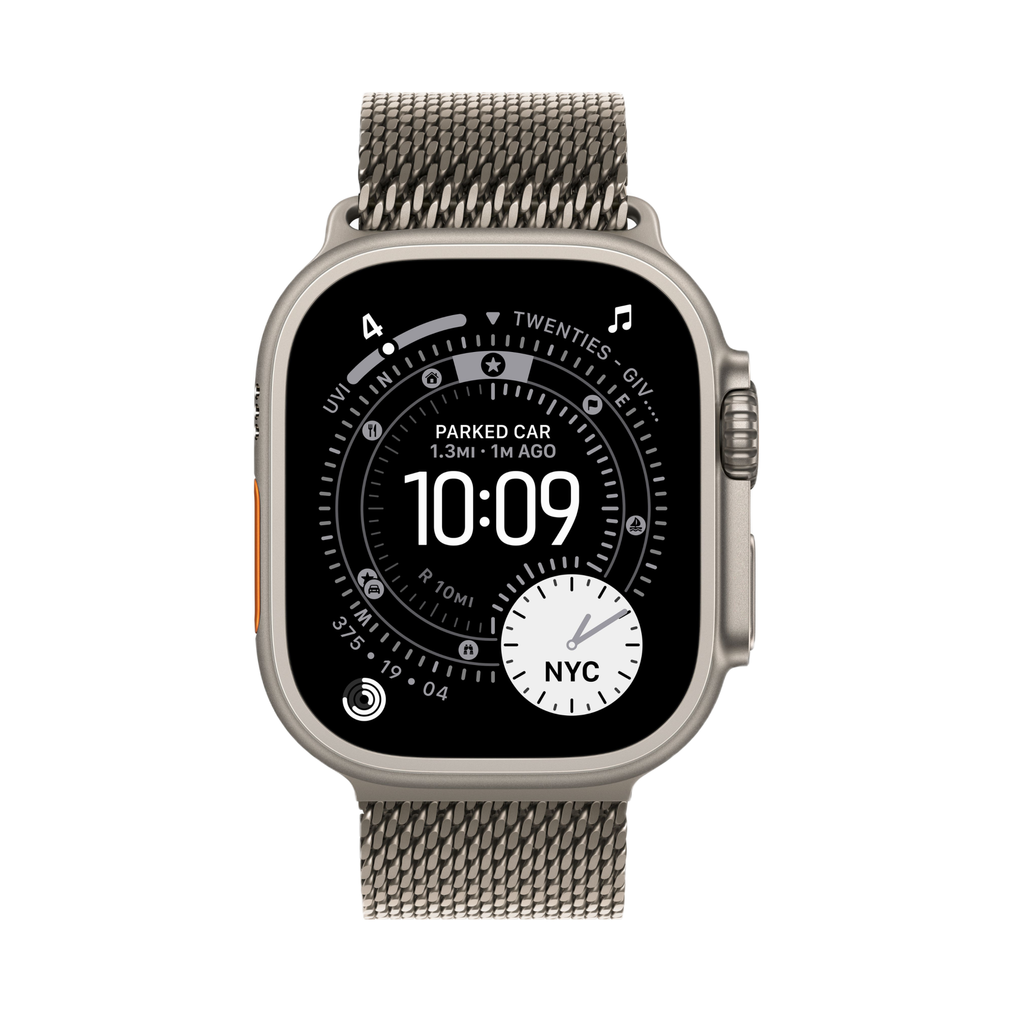 На фото изображено Apple Watch Ultra 3 GPS + Cellular, 49 мм, корпус из натурального титана, ремешок Milanese цвета «натуральный титан», размер L