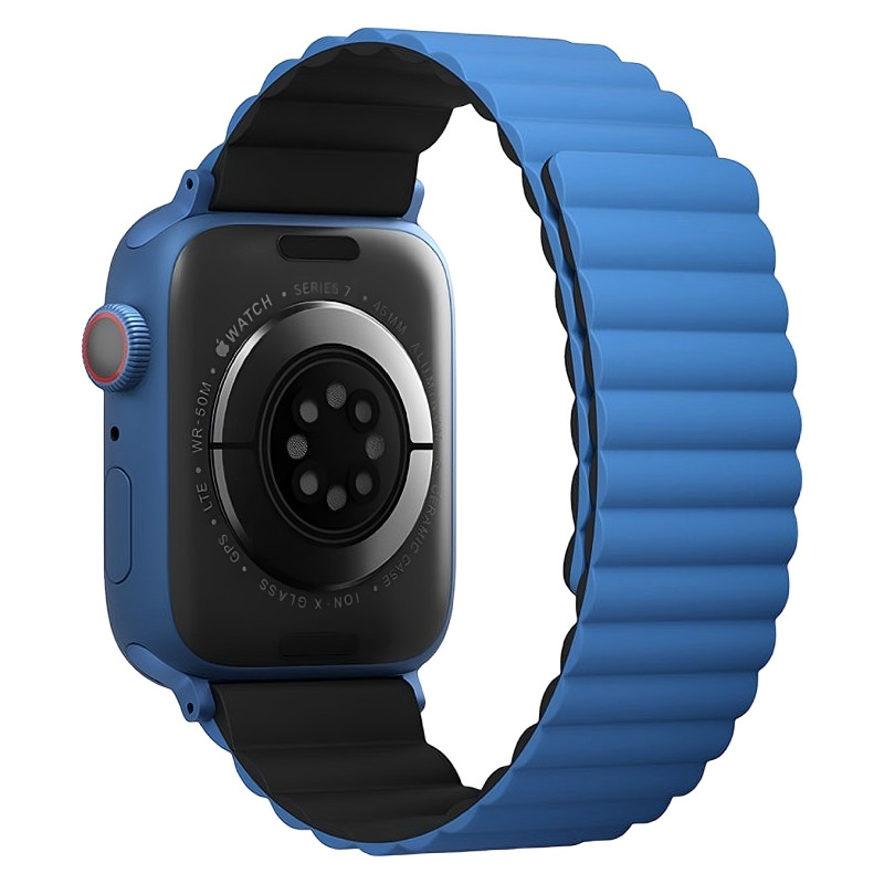 Фото Ремешок силиконовый двусторонний Uniq для Apple Watch (44,45,46,49 мм), чёрный-синий На фото изображено Ремешок силиконовый двусторонний Uniq для Apple Watch (44,45,46,49 мм), чёрный-синий