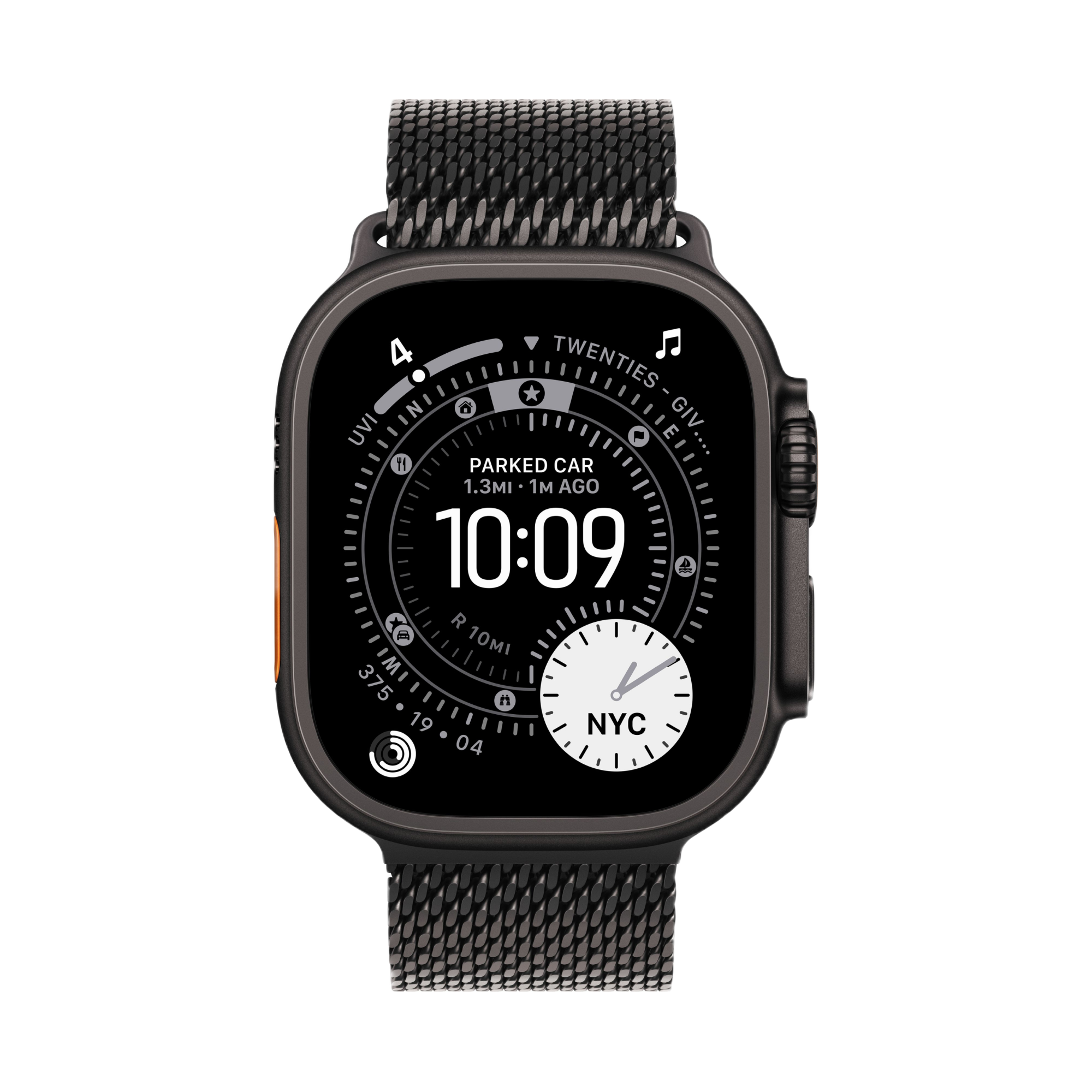 На фото изображено Apple Watch Ultra 3 GPS + Cellular, 49 мм, корпус из черного титана, ремешок Milanese черного цвета, размер M
