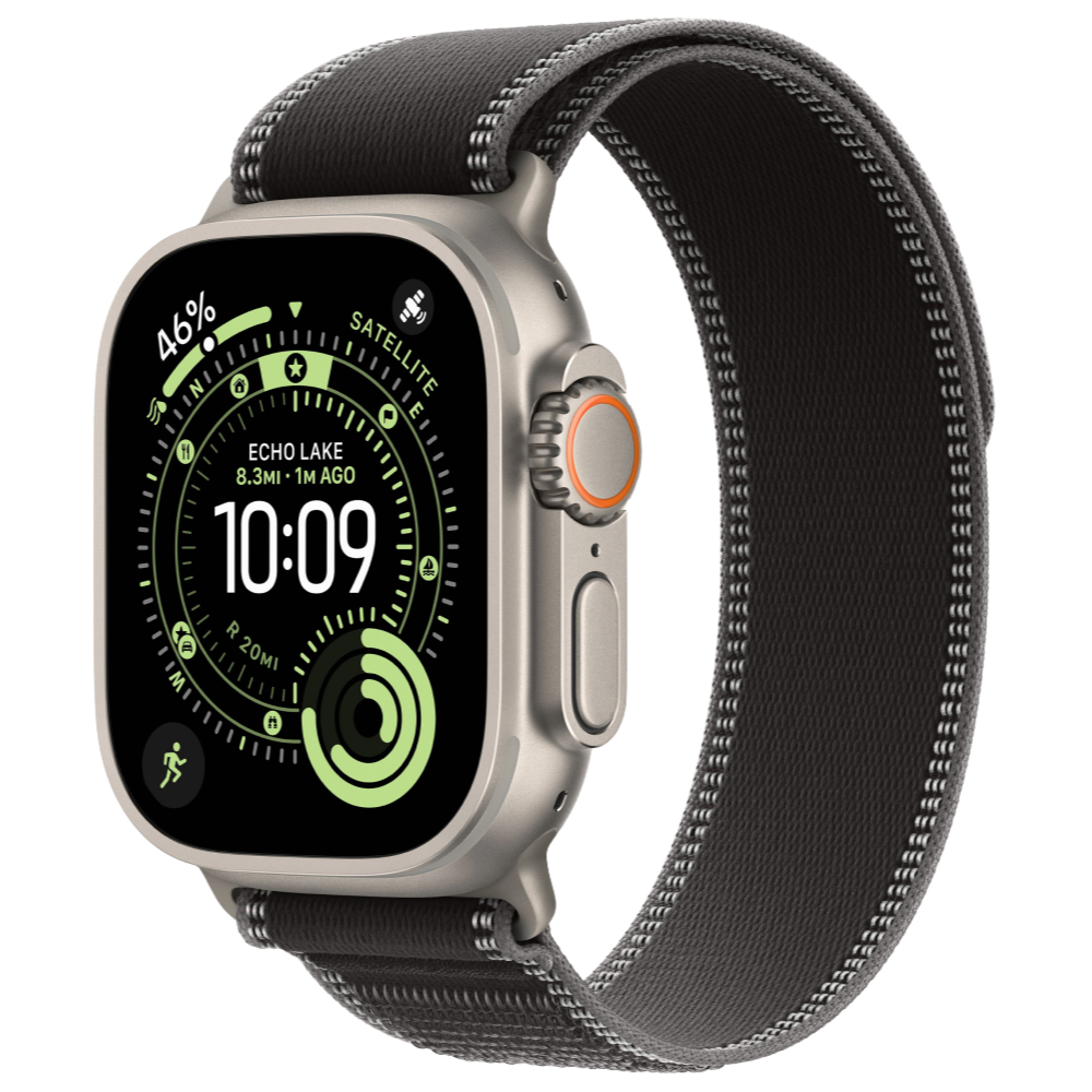 На фото изображено Apple Watch Ultra 3 GPS + Cellular, 49 мм, корпус из натурального титана, ремешок Trail, цвет чёрный, S/M