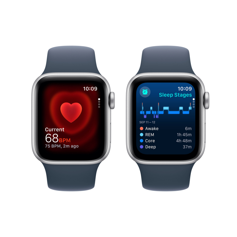Apple Watch SE 2024, 44 мм, корпус из алюминия цвета «Серебристый», спортивный ремешок, размер M/L