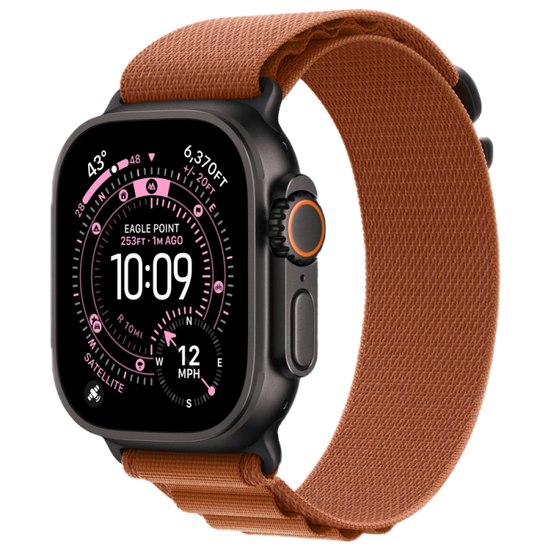 Фото Apple Watch Ultra 3 GPS + Cellular, 49 мм, корпус из чёрного титана, ремешок Alpine, цвет терракотовый, M На фото изображено Apple Watch Ultra 3 GPS + Cellular, 49 мм, корпус из чёрного титана, ремешок Alpine, цвет терракотовый, M