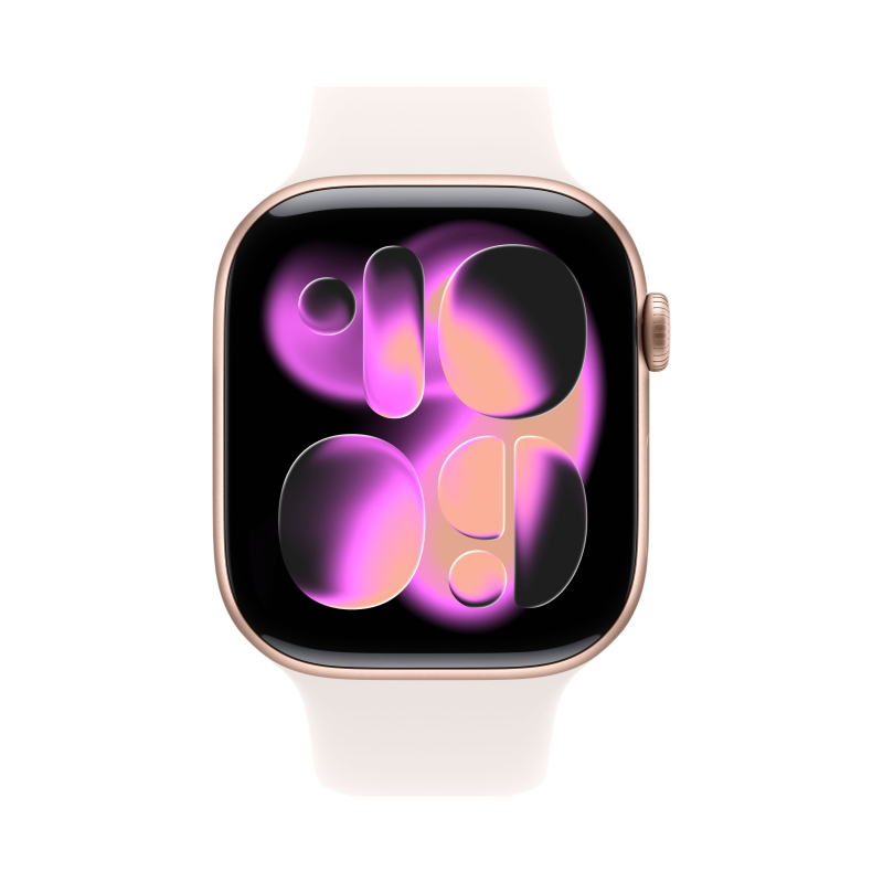 На фото изображено Apple Watch Series 11, 46 мм, корпус из алюминия цвета «Розовое золото», спортивный ремешок, размер M/L