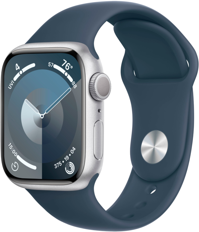 Apple Watch Series 9, 41 мм, корпус из алюминия цвета «Серебристый», спортивный ремешок, размер S/M Apple Watch Series 9, 41 мм, корпус из алюминия цвета «Серебристый», спортивный ремешок, размер S/M