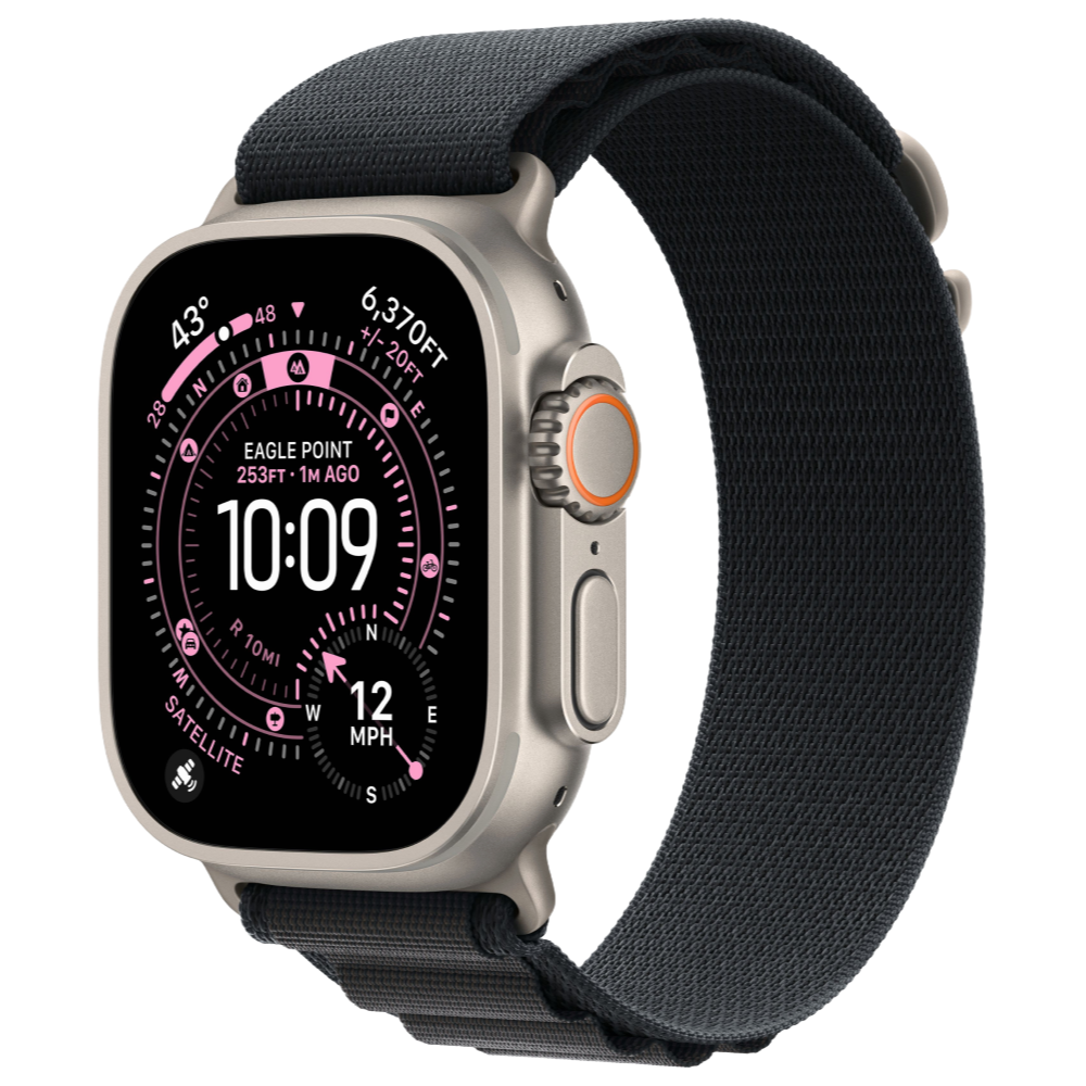 На фото изображено Apple Watch Ultra 3 GPS + Cellular, 49 мм, корпус из натурального титана, ремешок Alpine, цвет чёрный, L