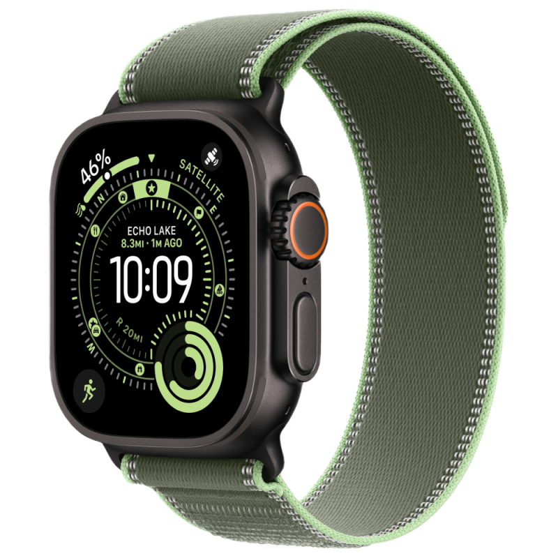 На фото изображено Apple Watch Ultra 3 GPS + Cellular, 49 мм, корпус из чёрного титана, ремешок Trail, цвет зелёный, M/L